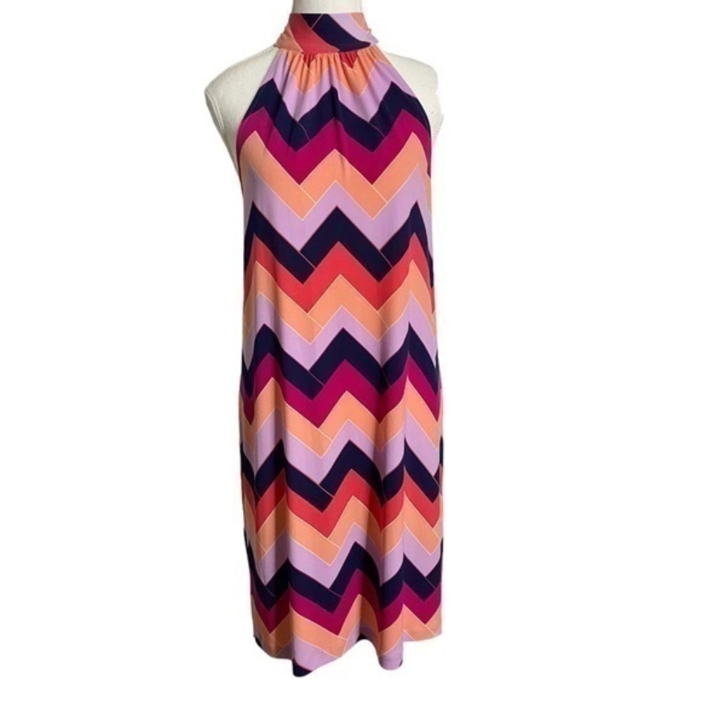 Trina Turk Colorful Geometric Pattern Sleeveless High Neck Craving Midi Dress